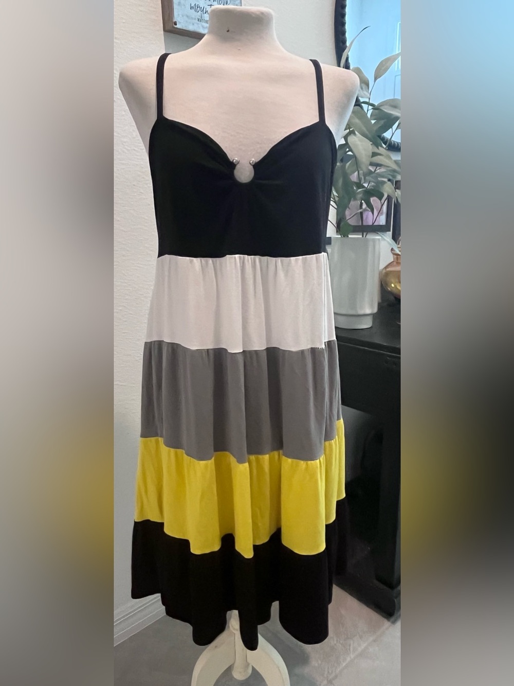 INC International Concepts Black White Gray and Yellow Tiered A-Line Skirt